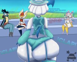 2021 absol ass ass_focus big_ass cinderace costume_party_style_lucario fashionable_style_absol furry gothicc_komy_(artist) lucario nintendo pokemon pokemon_(species) pokemon_unite sylveon text