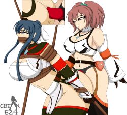 2girls anal aoi_nagisa arms_tied blue_hair bondage bottomless cbear624 clothed clothing cosplay female female_only femdom femsub kirin_(armor) light-skinned_female light_skin monster_hunter multiple_girls partially_clothed ponytail red_hair sex strap-on strawberry_panic! suzumi_tamao thighhighs yuri