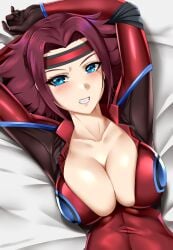 1girls blue_eyes blush bodily_fluids breasts cleavage clenched_teeth clothed code_geass female female_only headband kallen_stadtfeld large_breasts lying lying_on_back on_back red_bodysuit red_hair smile solo xkit69