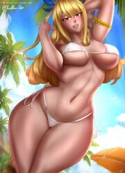 1girls armband blonde_hair brown_eyes fairy_tail female female_only looking_at_viewer lucy_heartfilia palm_tree parasol ribbon sky swimsuit tessreidex two_piece_swimsuit