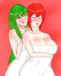 1futa 1girls :p bare_shoulders breasts cleavage collarbone covered_nipples duo erection erection_under_towel female fire_emblem fire_emblem:_mystery_of_the_emblem fire_emblem:_shadow_dragon_and_the_blade_of_light futanari green_eyes green_hair hakoxeees human large_breasts licking_lips light-skinned_female light-skinned_futanari light_skin long_hair minerva_(fire_emblem) naked_towel nintendo nude palla_(fire_emblem) red_hair short_hair shoulders smile standing towel very_long_hair