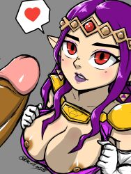 1boy 1girls a_link_between_worlds alternate_breast_size areola areolae big_breasts big_penis breasts brown_areola crown dark-skinned_male gold_crown gold_jewelry kae-est_art large_breasts nintendo princess princess_hilda purple_eyes purple_hair purple_lips purple_lipstick the_legend_of_zelda