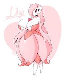 <3 anthro big_breasts breasts cleavage clothed clothing dress eyelashes female gardevoir hair hair_over_one_eye heart heart_background impossible_opening lily_(thegentlebro) long_hair nub_feet pink_clothing pink_dress pink_eyes pink_hair pokémon_(species) pokemon pokemon_(species) tagme thegentlebro white_body white_skin