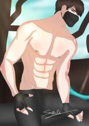 abs black_jacket blue_eyes brown_hair brown_nipples diamond diamond_pickaxe gloves half_naked male_only mask masked mcyt muscle muscles nightd no_shirt outdoors outside samara70461288 short_hair simple_background simple_shading ytmci