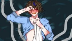 almost_naked angry blue_shirt blush brown_hair covering_face eyes_closed gacha gacha_club gacha_life gay hairpin hickey hickey_marks in_bed male_only mcyt nightd sense-kya shirt_lift ytmci