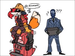 1boy 1girls 2022 4:3 ? anthro armor black_border boots border canid canine clothed clothing dispenser_(team_fortress_2) duo edit engineer_(team_fortress_2) female footwear fox fur furry hard_hat hat headgear helmet knee_pads male male/female mammal masturbation motion motion_blur motion_lines overalls pepper_(sketchytoasty) question_mark shirt simple_background sitting sketchytoasty spy_(team_fortress_2) standing tail team_fortress_2 text text_bubble topwear uniform valve vibrating video_games welding_goggles