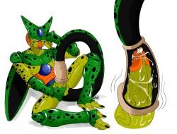 1boy alien alien_boy blue_tongue cell_(dragon_ball) cum dragon_ball green_skin imperfect_cell long_tail male male_only masturbation nelsonnoir no_humans penis red_eyes solo solo_male tail veiny_penis