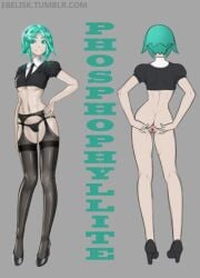 ambiguous_gender ass bangs blue_eyebrows blue_eyes blue_hair breasts ebelisk female garter_belt_leggings glowing_hair gray_background green_hair high_heels houseki_no_kuni humanoid land_of_the_lustrous lingerie long_legs panties phosphophyllite pussy shiny_hair short_hair showing_pussy smile stockings thong tie underboob waist white_skin