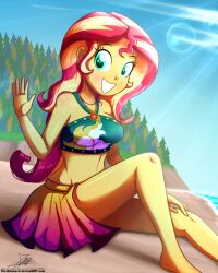 1girls artist_signature barefoot beach bikini deviantart equestria_girls female_only friendship_is_magic hasbro legs my_little_pony sarong signature sitting solo solo_female sunset_shimmer swimsuit the-butch-x wide_smile