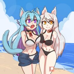 2girls animal_ears animal_tail arm_behind_back arm_under_breasts arms_behind_back beach beachwear bell bell_choker bell_collar belly_button bikini bikini_bottom bikini_top black_bikini black_bikini_bottom black_bikini_top black_collar blue_fur blue_hair cat_ears cat_girl cat_tail closed_mouth clothed clothing clouds cutoffs daisy_dukes daisy_dukes_bikinis_on_top ear_fluff ear_fur female female_focus fluffy_tail furhel happy huntervr indie_virtual_youtuber light_blue_fur light_blue_hair magenta_eyes navel nekomimi ocean open_eyes open_mouth patreon patreon_logo patreon_reward patreon_url patreon_username purple_eyes red_collar ribbon_choker ribbon_collar ryutka ryutka_(huntervr) shocked shorts shorts_open smile taiki_rin tail teal_fur teal_hair toned toned_belly toned_body toned_female toned_stomach twitter_link virtual_youtuber water white_bikini white_bikini_bottom white_bikini_top white_hair yellow_eyes