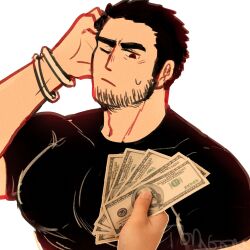 1boy bara black_hair black_shirt light-skinned_male light_skin lucas_lee male male_focus male_only mob_face money muscular muscular_male offering_money scott_pilgrim scratching_head shirt solo solo_focus sweatdrop tigergoru white_background