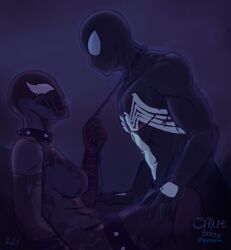 1boy 1girls black_suit collar eye_contact female femdom goth goth_girl large_breasts leash leash_and_collar leash_pull looking_at_another male marvel marvel_comics she-venom smooth_skin smutbase spider-man spider-man_(black_suit) spider-man_(series) spiked_collar symbiote