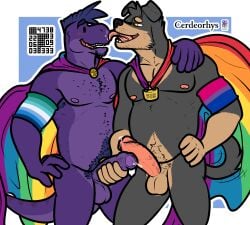 2boys aliasing anthro armband balls ballsack belly bisexual bisexual_pride_colors black_body black_fur blue_background blue_body blue_feathers blush blush_lines bodily_fluids body_hair brown_body brown_fur canine cape cape_only cerdeorhys clothing dinosaur domestic_dog dot_eyes dripping duo erection facial_hair feather_hair feathers flag foreskin fur gay gay_male_pride_colors gay_pride_flag_colors genital_fluids genitals goatee hand_on_hip hand_on_shoulder handjob hi_res humanoid humanoid_penis intact jko_2 lgbt_pride licking licking_nose lock looking_at_another male male/male male_nipples male_only male_pubic_hair mammal mastiff mohawk_(hairstyle) molosser mostly_nude mostly_nude_male nervous nervous_smile padlock partially_retracted_foreskin pecs penile penis precum precum_drip precum_on_penis precum_string pride_color_flag pride_colors pseudo_hair purple_body purple_scales reptile retracted_foreskin rottweiler scales scalie scrotum sex simple_background slightly_chubby tail testicles theropod tongue tongue_out tyrannosaurid tyrannosaurus tyrannosaurus_rex uncut vein veiny_penis wagging_tail white_background yellow_eyes