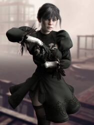 1girls 3d 3d_(artwork) apex_legends black_hair crossover female female_only hand_gesture juliet_sleeves light-skinned_female light_skin nier:_automata outdoors pale_skin puffy_sleeves render side_slit skirt solo solo_female thighhighs word2 wraith_(apex_legends) yorha_2b_(cosplay)