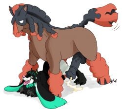 bestiality black_hair claws cum equine feral furry horse horsecock long_hair mudsdale nelsonnoir original_character penis pokemon pokemon_sm size_difference tail veiny_penis zoophilia