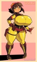 big_breasts bodysuit breast_grab brown_hair female fingerless_gloves goggles_on_head hourglass_figure nipple_bulge royaloppai tagme thick_thighs tight_clothing yellow_eyes