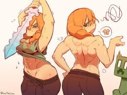 accidental_exposure alex_(minecraft) annoyed armpits belt bottomwear casual clothing creeper female green_eyes human lazthelazy midriff minecraft mob_face muscular_back muscular_female orange_hair pale_skin sexy_armpits sweat tomboy weapon wide_hips