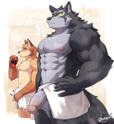 abs anthro balls blush bulge canid canine canis duo fox genitals humanoid_genitalia humanoid_penis kamyuelo looking_at_genitalia looking_at_penis male male_only mammal muscular muscular_anthro muscular_male nipples pecs penis towel wolf yellow_sclera