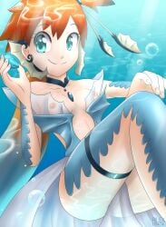 1girls blue_eyes breasts choker cosplay eyelashes female female_only game_freak holding_object kasumi_(pokemon) misty_(pokemon) nintendo nipples orange_hair pokémon_(species) pokemon pokemon_(cosplay) pussy rilex_lenov smile solo thigh_band translucent_clothing underwater vaporeon vaporeon_(cosplay) water_stone