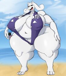 absurd_res anthro ball beach beach_ball belly big_breasts bikini blush boss_monster bovid breasts caprine closed_eyes clothing female floppy_ears goat hand_on_hip hi_res holding_ball holding_object horn huge_breasts huge_thighs hyper hyper_hips hyper_thighs inflatable mammal navel nipple_outline open_mouth overweight overweight_anthro overweight_female relictravor seaside sling_bikini solo swimwear thick_thighs toriel undertale undertale_(series) video_games white_body wide_hips