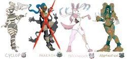 4girls adoptable anthro bandage blue_hair cofagrigus cyclops dusclops female female_only furry garbodor grey_skin humanized large_breasts monster_girl mummy nelsonnoir one_eye open_mouth penis pokemon pokemon_bw pokemon_sm ponytail sylveon white_hair wide_hips zombie