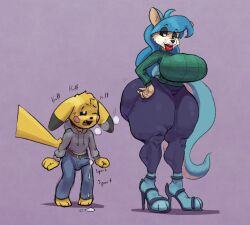 2022 age_difference anthro ass big_breasts big_butt blue_hair bodily_fluids bottomwear breasts bulge canid canine clothing colored cum cum_in_pants cum_through_clothes cum_through_clothing denim denim_clothing duo erection female genital_fluids hair hand_on_hip hands-free hi_res high_heels huge_butt jacket jeans lips lipstick long_hair makeup male male/female mammal motion_lines nintendo older_female original_character pants parumpi pikachu pokemon premature_ejaculation shaded simple_background size_difference standing sweater thick_lips thick_thighs topwear video_games wide_hips younger_male