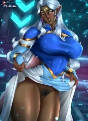 blue_eyes dark-skinned_female dark_skin dress earrings elf headband jewelry large_breasts lifted_skirt pointy_ears princess_allura pubic_hair tessreidex voltron voltron:_legendary_defender white_hair