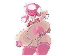 1boy 1girls alternate_breast_size big_nipples breast_grab breasts disembodied_hand female female_focus gigantic_breasts grabbing grabbing_breasts grabbing_from_behind grope_from_behind groping_breasts hair_over_eyes hands_on_breasts hyper male mario_(series) nintendo pokko_(artist) simple_background solo solo_focus standing toadette white_background