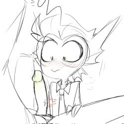 baxter_(hazbin_hotel) erection flustered hazbin_hotel imminent_oral sketch straight_hair surprised yaoi