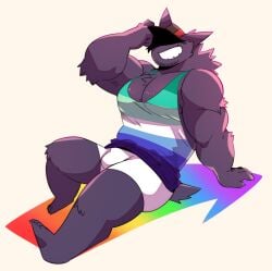 1boy anthro bara beard bottomwear bulge cap chubby fur gay gay_pride gay_pride_colors gengar hat kokuhane kokuhane_(character) kokukokuboo lgbt_pride lgbt_pride_colors lgbtq+ lgbtqia male male_focus male_only muscular muscular_male original_character penis_bulge pokémon_(species) pokemon pokemon_rgby pride purple_body purple_fur queer_flag_color smiling solo tank_top tight_clothing