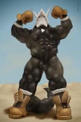 abs aggron anthro balls biceps blue_eyes blue_sky bodily_fluids boots boots_only clothing desert dog_tags dust flexing_both_biceps footwear footwear_only genital_fluids genitals gloves handwear hi_res humanoid humanoid_genitalia humanoid_penis low-angle_view male male_only military mostly_nude muscular nintendo nipples penis pokémon_(species) pokemon pokemon_(species) precum precum_string rufus_(tjloog) sand shoes shoes_only sky solo tjloog vein veiny_muscles veiny_penis video_games wide_stance