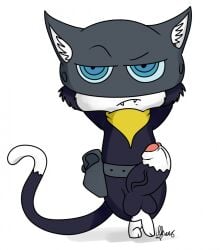 anthro belt black_fur blue_eyes fangs feline furry large_penis male mask morgana_(persona) nelsonnoir penis persona persona_5 scarf solo solo_male veiny_penis