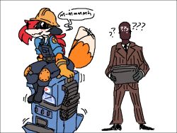 ? anthro armor black_border boots border canid canine clothed clothing dispenser_(team_fortress_2) duo edit engineer_(team_fortress_2) female footwear fox fur furry hard_hat headgear helmet knee_pads male male/female mammal masturbation overalls pepper_(sketchytoasty) shirt simple_background sitting sketchytoasty spy_(team_fortress_2) standing tail team_fortress_2 text topwear uniform valve vibrating video_games welding_goggles