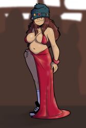 bare_legs beanie big_breasts breasts brown_hair busty cleavage daphne_dress deep_cleavage eyes_covered female female_focus female_only freckles hourglass_figure long_hair majayrick messy_hair oc original_character red_dress sagging_breasts sneakers socks standing tagme tomboy wide_hips