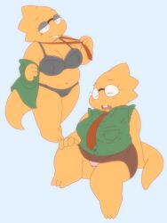 1girls 2d alphys anthro aruput aruput_ut big_breasts black_underwear bra breasts chubby deltarune female female_only glasses humanoid lizard_girl lizard_humanoid panties pink_panties red_tie solo tagme tail thick_thighs tie undertale undertale_(series) underwear undressing uniform yellow_skin