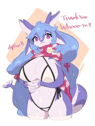 absurdres bikini blue_hair blue_scales commission dragon dragon_girl dragon_horns dragon_tail female furry furry_female highres horns inu_fuji long_hair original scarf skeb_commission smile socks swimsuit tail