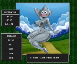 2022 anthro anthrofied breasts dragon_quest english_text female gameplay_mechanics large_breasts lonbluewolf looking_at_viewer metal_slime navel nipples open_mouth pose slime_(dragon_quest) solo square_enix text video_games