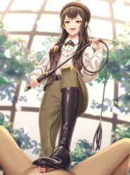 1boy 1girls ascot asisuki belt beret black_boots bootjob boots brown_hair brown_pants brown_vest chouriki_sentai_ohranger clothed_female_nude_male cum female femdom footjob footjob_with_legwear humiliation keris_(chouriki_sentai_ohranger) knee_boots long_hair looking_at_viewer open_vest penis shoejob shoes small_penis smile stepping_on_penis trample trampling vest wavy_hair whip white_shirt