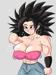 1girls abs armpits black_hair blush caulifla dragon_ball dragon_ball_super huge_breasts jeans lewdyartz muscular muscular_female nipple_bulge sweat thick thick_thighs tubetop veiny_breasts