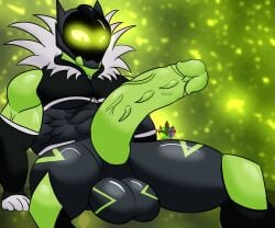 abs absurd_res anthro balls big_balls big_penis black_body bottomless bottomless_male clothed clothing genitals glowing glowing_eyes green_body green_eyes green_penis hammer_(e-zoid) hi_res huge_cock humanoid male muscular muscular_anthro muscular_male penis samuelkoopa solo spiked_penis spikes spikes_(anatomy) vein veiny_penis visor