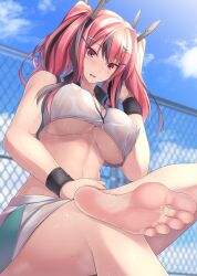 absurdres azur_lane bangs bare_shoulders barefoot blue_sky blush breasts bremerton_(azur_lane) bremerton_(scorching-hot_training)_(azur_lane) chain-link_fence cleavage collarbone covered_nipples crop_top crop_top_overhang crossed_legs day fanbox_reward feet female fence foot_focus hair_ornament hairclip highres large_breasts long_hair naturalton open_mouth paid_reward pink_eyes pink_hair skirt sky soles solo sportswear sweat tennis_uniform thighs toes twintails two-tone_shirt two-tone_skirt underboob