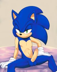 1boy anthro balls blue_body blue_fur blush chest erection gloves green_eyes handwear hedgehog male male_only nipples penis socks soina solo solo_looking_at_viewer sonic_(series) sonic_the_hedgehog sonic_the_hedgehog_(series) testicles vein white_gloves white_handwear