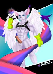 2022 3_fingers angelgatomon_(angelgato) balls bandai_namco bisexual_pride_colors blue_eyes bulge checkhoff claws clothing digimon digimon_(species) domestic_cat feathered_wings feathers felid feline felis fingers flag fur gatomon genitals gloves handwear harness hi_res leather leather_clothing leather_harness lgbt_pride male male_only mammal markings muscular muscular_male penis pride_colors purple_markings purple_tuft ring solo whiskers white_body white_fur white_skin white_wings wings