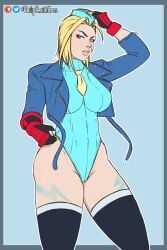 alternate_costume blonde_hair blue_eyes breasts cammy_white female_only fingerless_gloves garrison_cap hat highleg highleg_leotard jacket leotard lips muscular_female philipsmitheros pubic_hair_peek red_gloves scar self_upload short_hair simple_background street_fighter street_fighter_6 street_fighter_alpha thighhighs thunder_thighs turtleneck