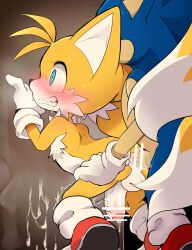2boys anal_sex blush censored cum dagasi exposed_torso footwear furry gay gloves handwear humanoid male male/male male_only sega sonic_(series) sonic_the_hedgehog sonic_the_hedgehog_(series) tails tails_the_fox yaoi
