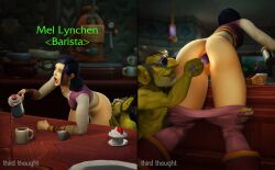 1boy 1girls 2022 anal anal_insertion anal_sex ass asshole black_hair blizzard_entertainment bottle bottle_in_ass bottle_insertion coffee dalaran exposed female female_focus gaping gaping_anus goblin goblin_male human interspecies legerdemain_lounge mel_lynchen open_mouth pants_down pants_pull questionable_consent shocked spilled_drink sunglasses suprised third_thought warcraft wide_eyed world_of_warcraft