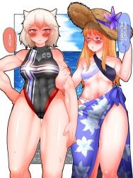 1futa 1girls beach blonde_hair blue_eyes blush character_request duo female futanari glasses japanese_text light-skinned_female light_skin muscular muscular_futanari muscular_thighs nb_(pixiv594732) sea swimwear text text_bubble thighs