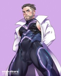 bodysuit bulge flustered male_only muscles muscular muscular_male open_coat otokobara pokemon pokemon_sv professor_turo