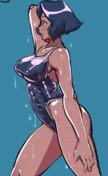 1futa bananagaari black_hair blue_hair breasts clothed clothing dark-skinned_futanari dark_skin erect_penis erection erection_under_clothes futa_only futa_sans_balls futanari huge_cock mostly_clothed original_character short_hair side_view solo source_request standing swimsuit wet