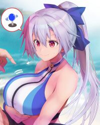 1boy 1girls asahi_(fullmetal_madness) bangs beach blue_bow blue_swimsuit blurry blurry_background bow breast_squeeze breasts fate/grand_order fate_(series) female hair_between_eyes hairbow large_breasts light-skinned_female light-skinned_male light_skin long_hair one-piece_swimsuit paizuri paizuri_under_clothes ponytail red_eyes shore smile solo_focus straight swimsuit tomoe_gozen_(fate) tomoe_gozen_(swimsuit_saber)_(fate) two-tone_swimsuit white_hair white_swimsuit